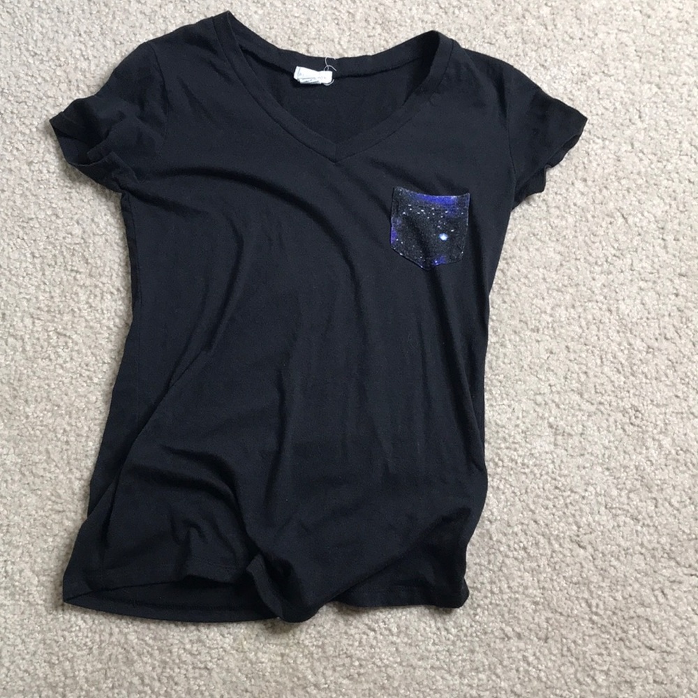 A black t shirt with a galaxy pocket
